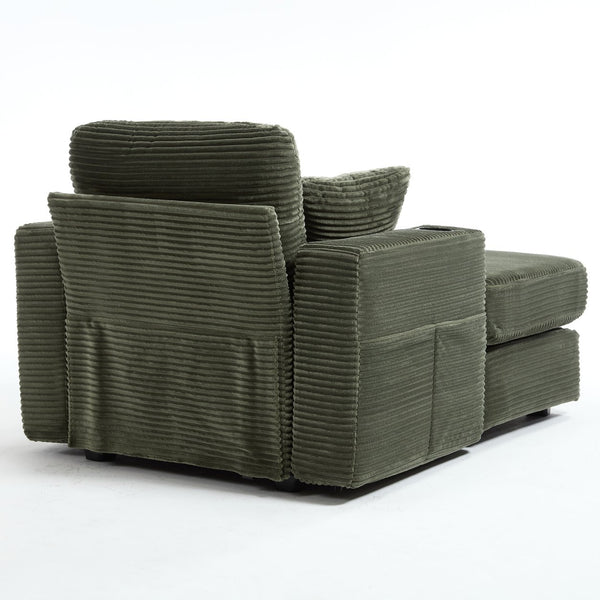 English Elm [New]Corduroy Upholstered Chaise Lounge Sofa with Detachable Cushions, Deep Seat, Cup Holders Green W2120P322754