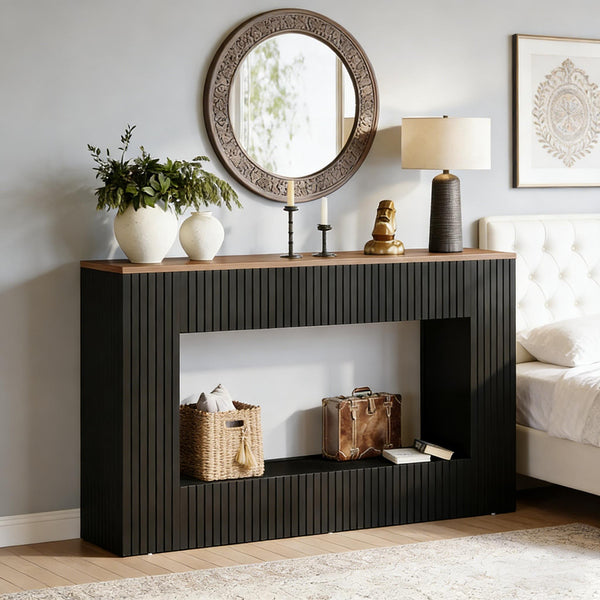 English Elm Coffe Fluted Console Table Walnut Top Mdf Entryway Sofa Back Modern Accent T3971P449793