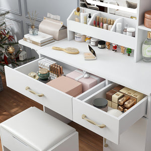 English Elm Vanity Desk with Led Mirror Touch Light Power Outlet Drawers and Storage Stool W2700P342538
