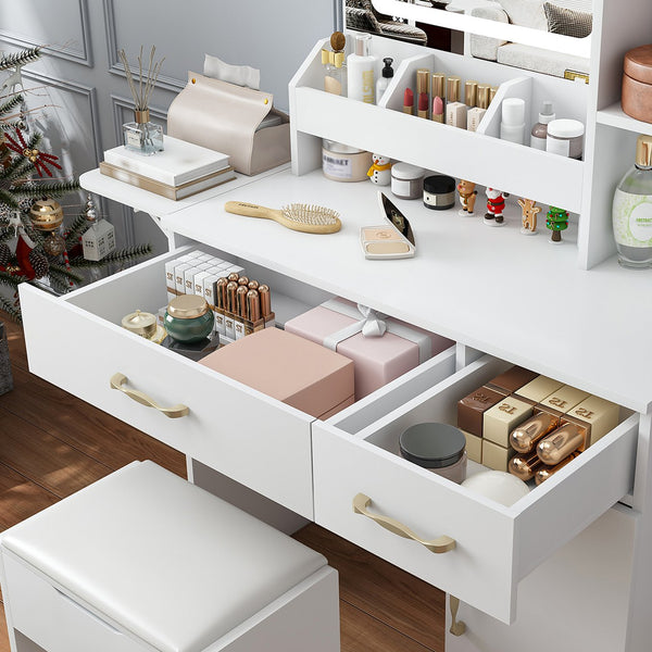 English Elm Vanity Desk with Led Mirror Touch Light Power Outlet Drawers and Storage Stool W2700P342538