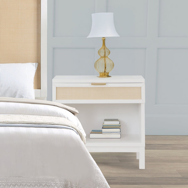 English Elm Blake Coastal Cane 1-Drawer Nightstand in White Solid Wood with Open Shelf, Gold Pull, 28.25"L B050P376944