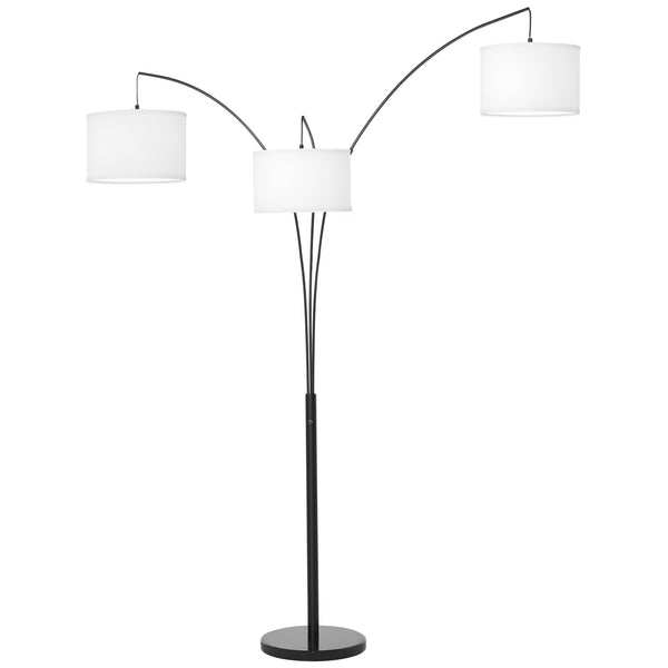 English Elm Floor Arc Lamp Trio with Marble Base and Three Drum Shades for Ambient Living Room Glow T3971P388065