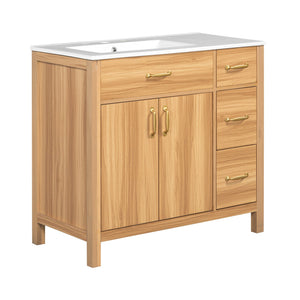 English Elm 36" Wood Bathroom Vanity with Solid Frame, Gold Handles, 3 Soft-Close Drawers & 2 Doors, Spacious Countertop N729P204176N