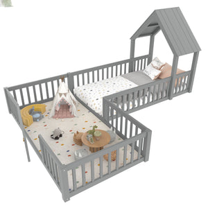 English Elm Twin House Floor Bed with Door and Full-Length Guardrails, Solid Wood Double Twin Floor Bed for Kids' Playful Rooms Grey W1580P354638