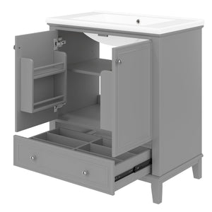 English Elm 30" Bathroom Vanity with Sink — Modern Freestanding 30" Cabinet with Ceramic Top, Drawer, Doors, Shelf Grey N725P221263E