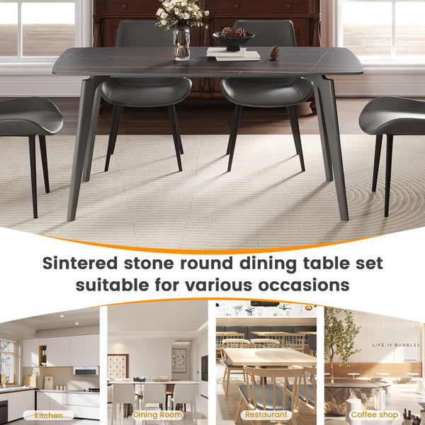 English Elm 62.99" Modern Artificial Stone Dining Table With Black Curved Edge - Seats 6, Sleek Metal Legs W1535S00525