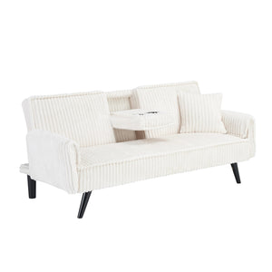 English Elm Minimalist Corduroy Sofa with Adjustable 3-Angle Recline, Dual Cup Holders, Solid Wood Frame White W1658P251978
