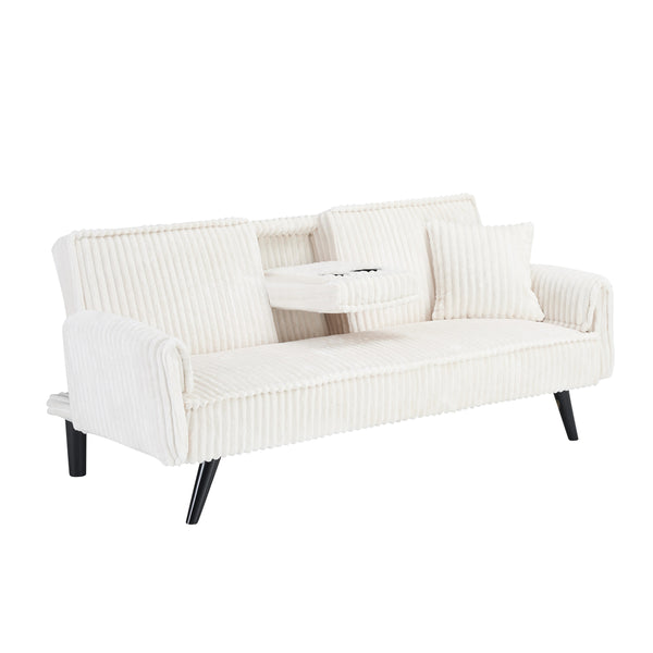 English Elm Minimalist Corduroy Sofa with Adjustable 3-Angle Recline, Dual Cup Holders, Solid Wood Frame White W1658P251978