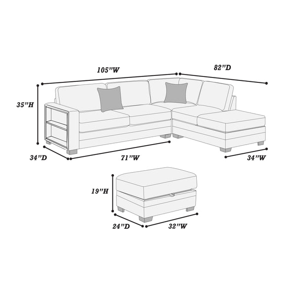 English Elm 3-Piece Boucle Sectional Sofa with Reversible Chaise, Built-In Shelf & Storage Ottoman for Living Rooms Gray 34 L x 26 W x 45 H B011S01777