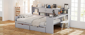 English Elm Full Full Size Daybed with Storage: L-Shape Wooden Frame, 3 Cabinets 2 Drawers, Desk & Bookshelf Gray N733S247077E