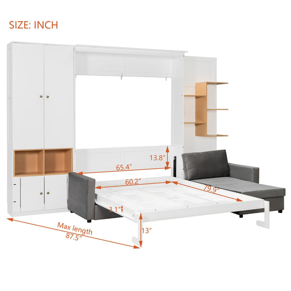English Elm Queen Murphy Wall Bed with Velvet Sofa Built in Shelves Cabinets and Reading Lights White LP000393AAK