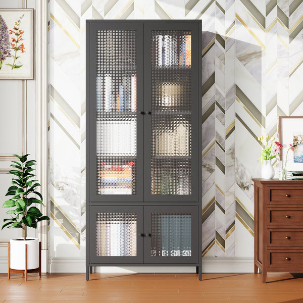 English Elm Large Metal Storage Cabinet with 4 Waffle-Grid Tempered Glass Doors, 5 Shelves, Rust-Resistant Steel Finish W2378P176273