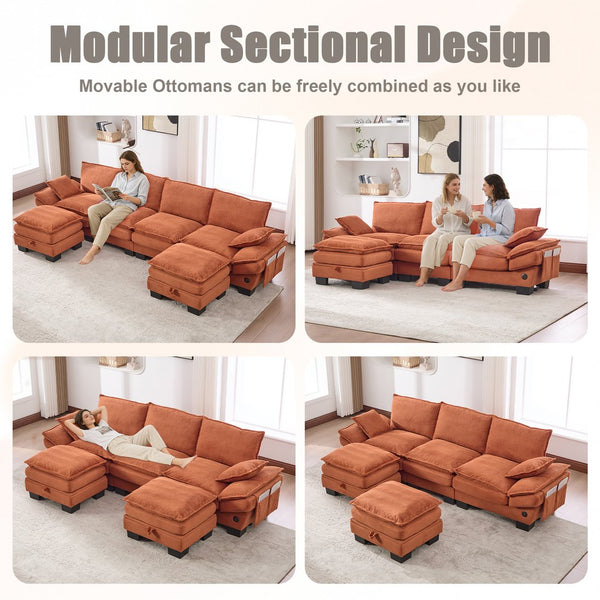 English Elm Sectional Cloud Sofa Modular Deep Seat Corduroy Upholstered Living Room Couch with Storage Orange W395S00132