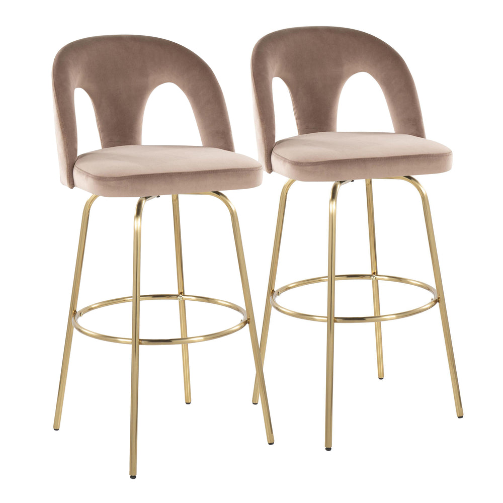 English Elm Fixed-height Swivel Barstools with Gold Footrest Black Frame White Upholstery Set Taupe B202S01883