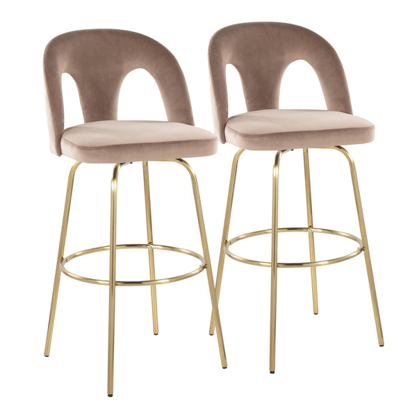 English Elm Fixed-height Swivel Barstools with Gold Footrest Black Frame White Upholstery Set Taupe B202S01883