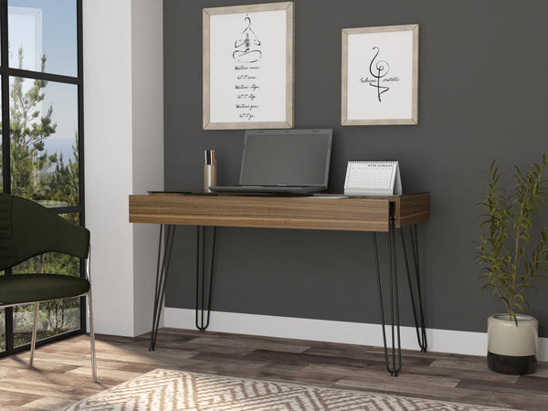 English Elm Kyoto Industrial 120 Writing Desk with Hairpin Metal Legs, Glass Top & Spacious Single Drawer, Brown B128S00166