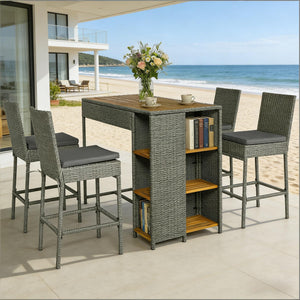 English Elm Garden Dialogue Acacia and Wicker Outdoor Bar Set with Four Tucking Barstools Gray,Natural Wood T3971S00204