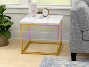 English Elm Wallace & Bay - White End Table with Marble Top & Gold Accents, Solid Wood, Easy-Care Contemporary Accent Piece B2709P212416