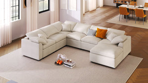 English Elm U_style Seven Seat Modular Sectional Chenille Sofa with Ottoman Pine Frame Living Room Beige WY000469AAA