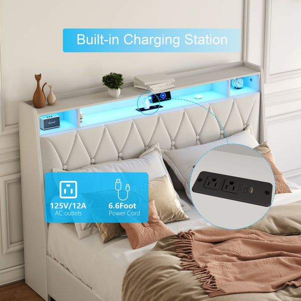 English Elm Queen Metal Platform Bed with Led Lighting Outlets Padded Headboard and Storage Shelf W3107S00005