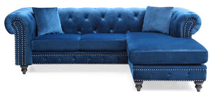 English Elm Nola Velvet Tufted Sofa Chaise with Nailhead Trim, Pocketed Coil Cushions and Turned Wood Legs Navy Blue 15 L x 32 W x 55 H B078S00008