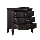 French Country Antique Black Nightstand with 3 Drawers & Cabriole Legs - Elegant Storage Solution for Bedroom - 30