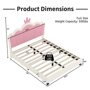 English Elm Full Upholstered Princess Bed with Crown Headboard — Sturdy Full Platform Bed for Girls, 500lb Capacity Cream 58.86 L x 25.98 W x 6.5 H N733P180808K