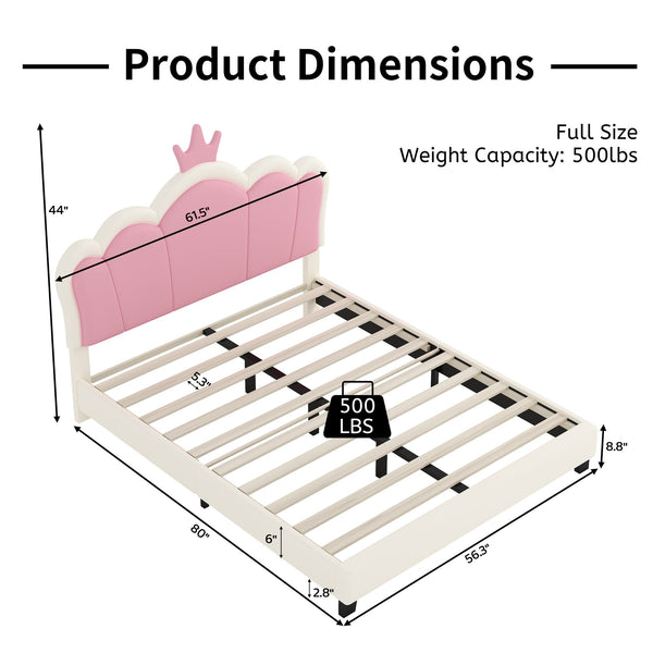 English Elm Full Upholstered Princess Bed with Crown Headboard — Sturdy Full Platform Bed for Girls, 500lb Capacity Cream 58.86 L x 25.98 W x 6.5 H N733P180808K