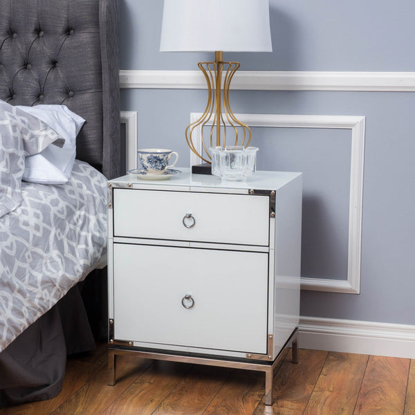 English Elm Christopher Knight Home® - Modern White End Table Nightstand with 2 Drawers, Mirrored Silver Trim & Legs, Compact Glass Bedside 65936.00