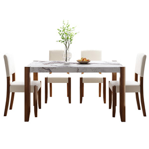 English Elm 5-Piece Counter Height Dining Set with Faux Marble Top and Upholstered Seats, Mid-Century Pub Charm Beige+Brown,White N752S000885K