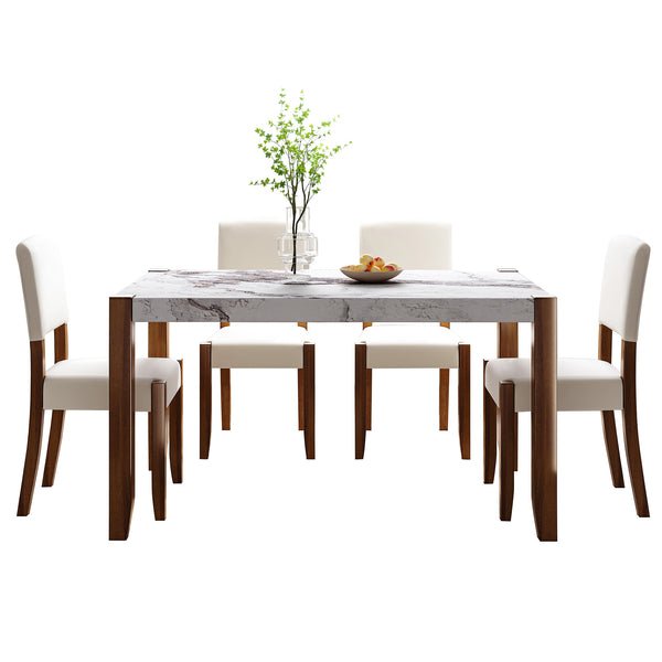 English Elm 5-Piece Counter Height Dining Set with Faux Marble Top and Upholstered Seats, Mid-Century Pub Charm Beige+Brown,White N752S000885K