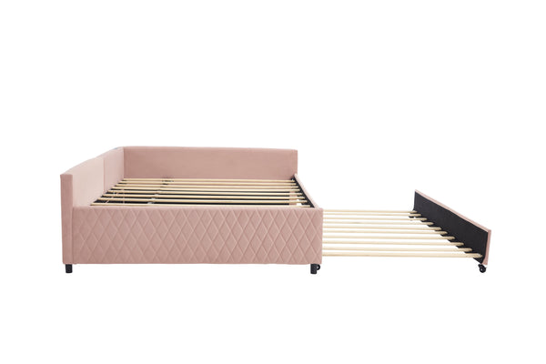English Elm Upholstered Velvet Daybed with Pull Out Trundle Diamond Tufted Guest Bedroom Sofa Pink W1361S00066
