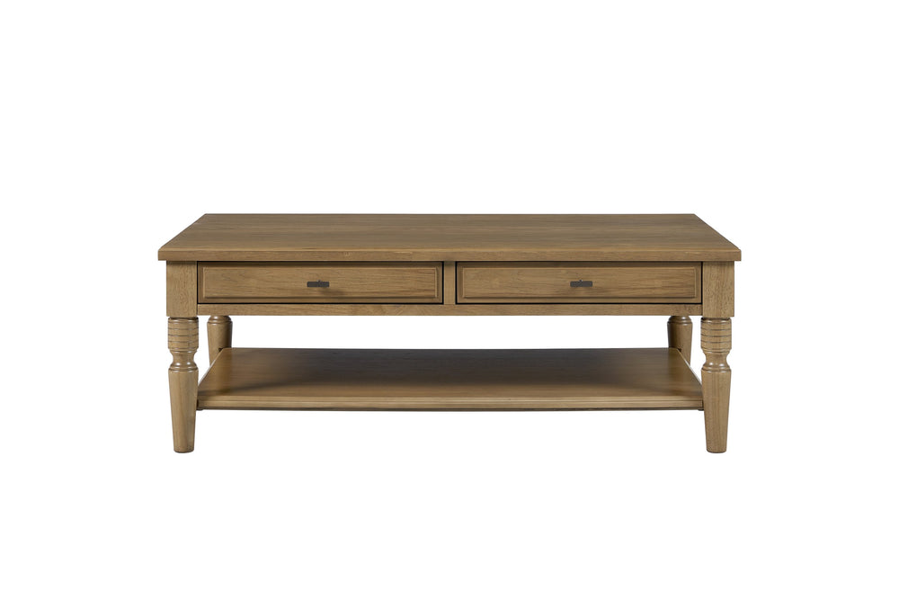 English Elm Drawer Cocktail Table Hickory Veneer Wood with Turned Legs Open Shelf Living Room Almond B2699P443215