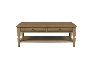 English Elm Drawer Cocktail Table Hickory Veneer Wood with Turned Legs Open Shelf Living Room Almond B2699P443215