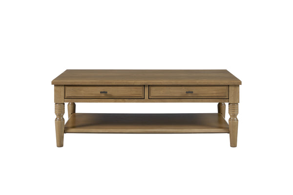 English Elm Drawer Cocktail Table Hickory Veneer Wood with Turned Legs Open Shelf Living Room Almond B2699P443215