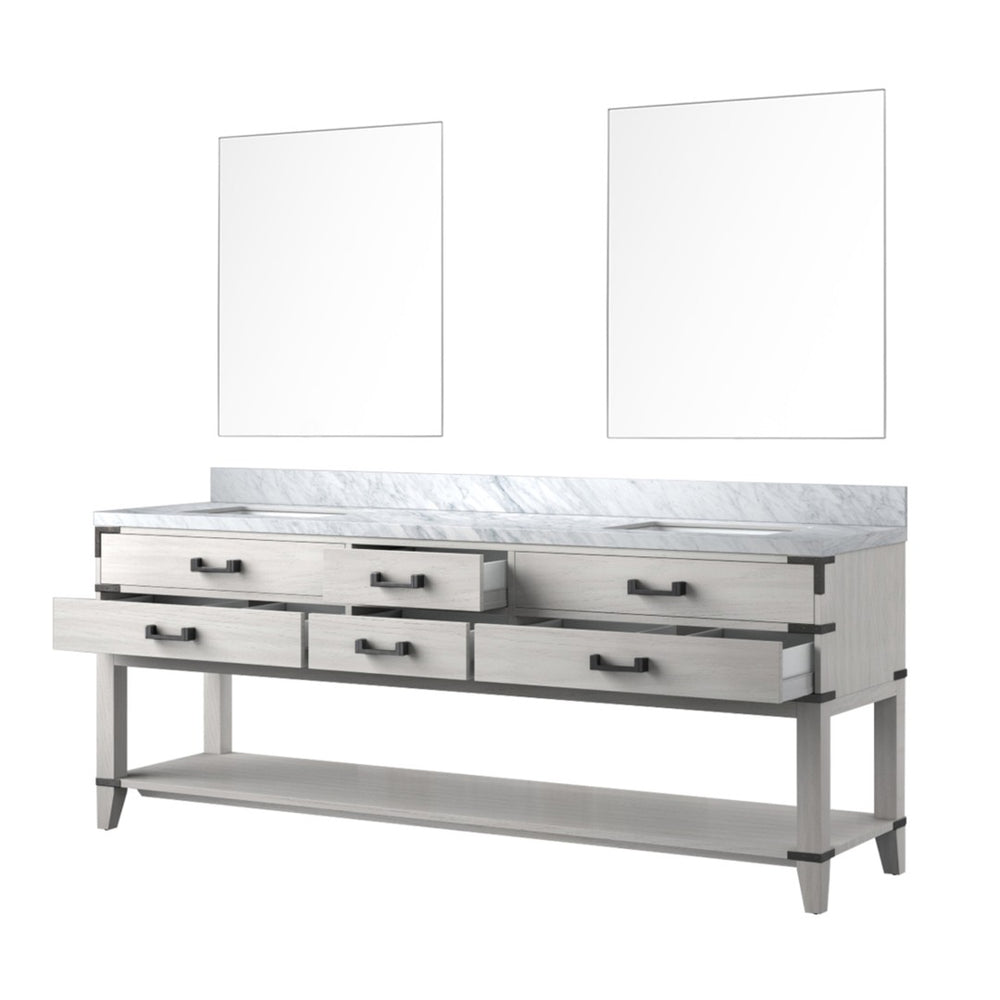 English Elm White Oak Double Bath Vanity 84" W With Carrara Marble Top & 2 Matching 36" Mirrors For Stylish Storage B2731S01661-GIGA