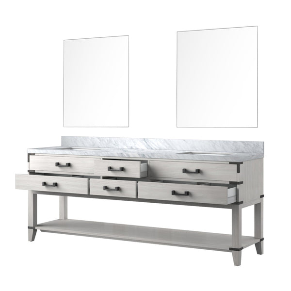 English Elm White Oak Double Bath Vanity 84" W With Carrara Marble Top & 2 Matching 36" Mirrors For Stylish Storage B2731S01661-GIGA