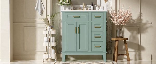 English Elm 30" Freestanding Bathroom Vanity Ceramic Sink Soft Close Cabinet Gray Wood Frame Light Green N729P427118F