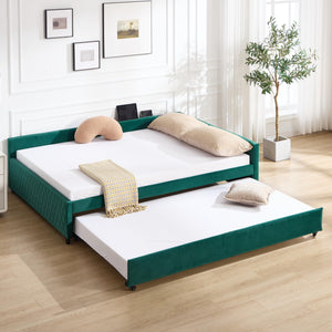 English Elm Upholstered Velvet Daybed with Pull Out Trundle Diamond Tufted Guest Bedroom Sofa Emerald W1361S00065