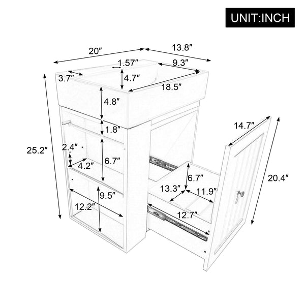 English Elm 20-Inch Compact Bathroom Vanity with Ceramic Sink, Wall-Mounted MDF Cabinet, Modern Space-Saver Design White N725P314023K
