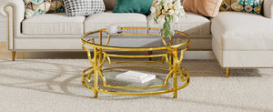 English Elm Round Tempered Glass Coffee Table with Gold Geometric Metal Base and Open Storage Shelf Transparent N735P396530K