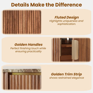 English Elm 60'' Fluted Oak Credenza with Faux Marble Top and Gold Trim Four Door Buffet Walnut W5216P454713