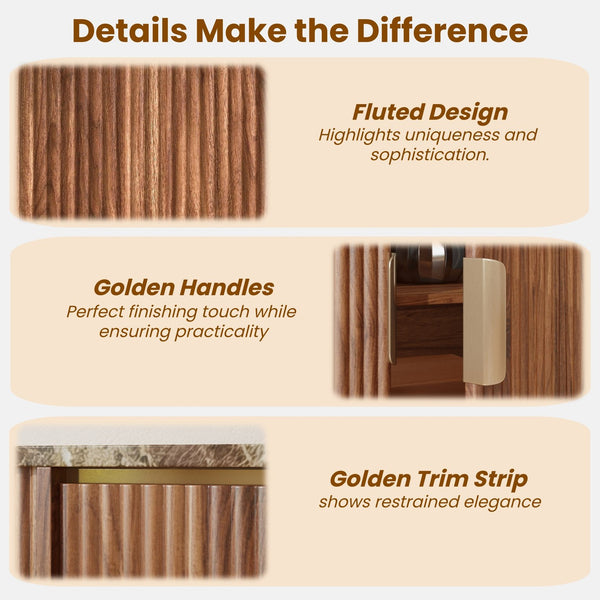English Elm 60'' Fluted Oak Credenza with Faux Marble Top and Gold Trim Four Door Buffet Walnut W5216P454713
