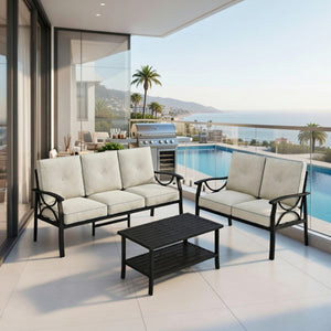 English Elm 3-piece Outdoor Steel Patio Conversation Set with Thick Cushions and Coffee Table Grey+Black B082S00134