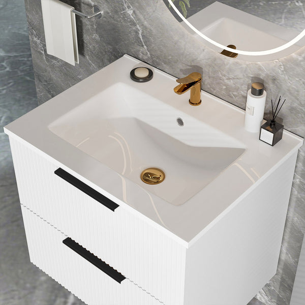 English Elm 24 Compact Bathroom Vanity with Sink — Floor-Standing Stability, Soft-Close Drawers, Large Storage, Durable Finish Matte White 26.38 L x 22.83 W x 7.87 H W3520S00004