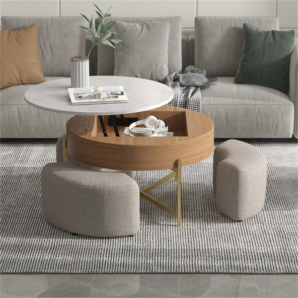 English Elm Vita Modern 31.5" Round Lift-Top Coffee Table Set with Iron Legs and Storage Shelves, Stylish Brown B341S00044