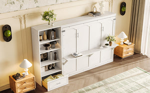 English Elm Queen Murphy Bed with Built-In Shelves, Height-Adjustable Storage & Drawer for Small Spaces White 71.6 L x 21.5 W x 6.1 H N733S309223K