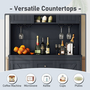 English Elm Coffee Bar Cabinet Dark Blue Farmhouse Buffet with Wine Cubbies, Stemware Rack, Drawers, Shelves & Prep Space Antique Blue W1580S00073