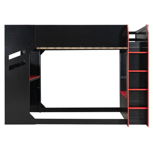 English Elm Full Size Loft Bed with Rgb Lighting Desk Drawers Hanging Rod Teen Bedroom Red LT000288AAJ-1