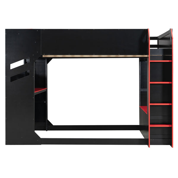 English Elm Full Size Loft Bed with Rgb Lighting Desk Drawers Hanging Rod Teen Bedroom Red LT000288AAJ-1